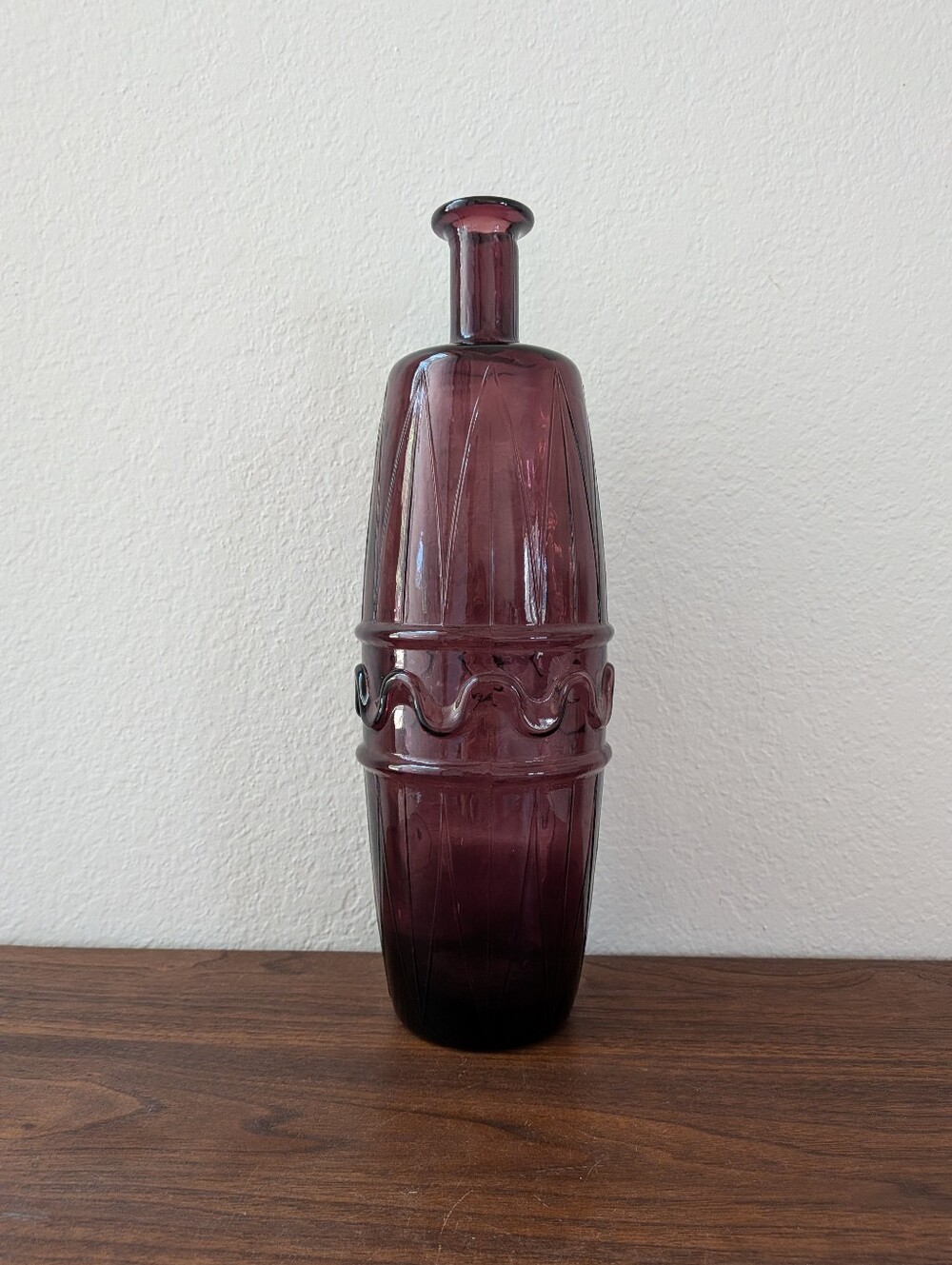 Vintage Empoli Amethyst Purple Genie Bottle 13.25" Tall Ribbed Squiggly Line